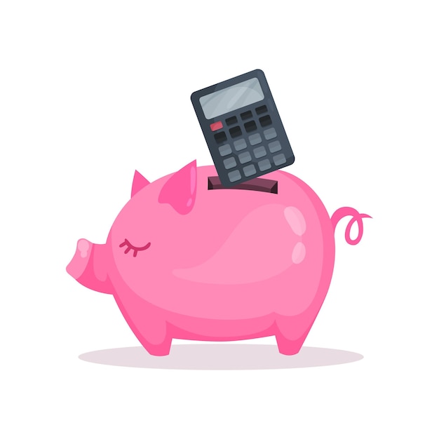 Hucha rosa y calculadora ahorrando e invirtiendo dinero concepto de dibujos animados vector ilustración sobre un fondo blanco