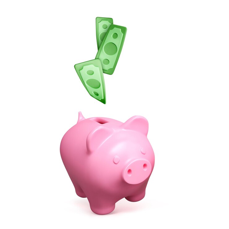 Vector hucha rosa y papel moneda verde que cae financiar negocios e inversiones aisladas sobre fondo blanco mantener el dinero en un lugar seguro ilustración vectorial