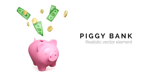 Hucha rosa y papel moneda verde que cae y monedas de gol Banner de inversión financiera aislado sobre fondo blanco Ahorre dinero Ilustración vectorial