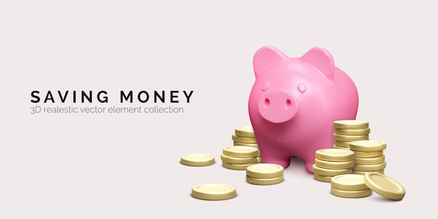 Hucha rosa con pila de monedas de oro Concepto de ahorro de dinero Cerdo y dinero realistas en 3D Inversión financiera y banner de negocios Ilustración vectorial