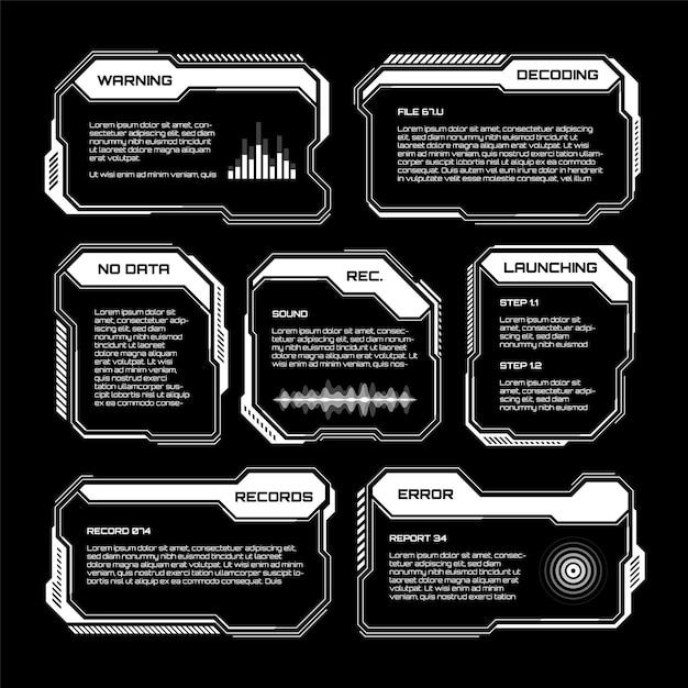 HUD blanco futurista elementos UI interfaz de usuario scifi cuadros de texto llamadas cuadros de mensaje de advertencia