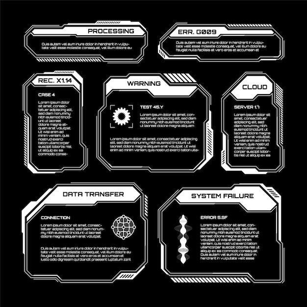 HUD blanco futurista elementos UI interfaz de usuario scifi cuadros de texto llamadas cuadros de mensaje de advertencia