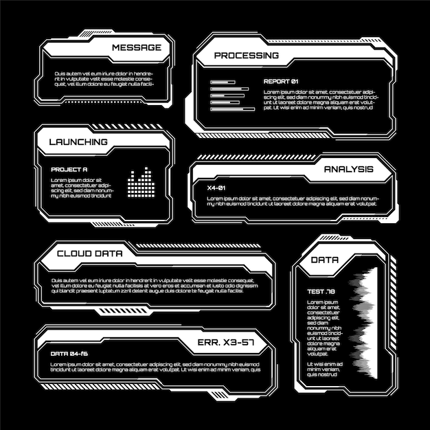 HUD blanco futurista elementos UI interfaz de usuario scifi cuadros de texto llamadas cuadros de mensaje de advertencia