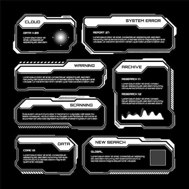 HUD blanco futurista elementos UI interfaz de usuario scifi cuadros de texto llamadas cuadros de mensaje de advertencia