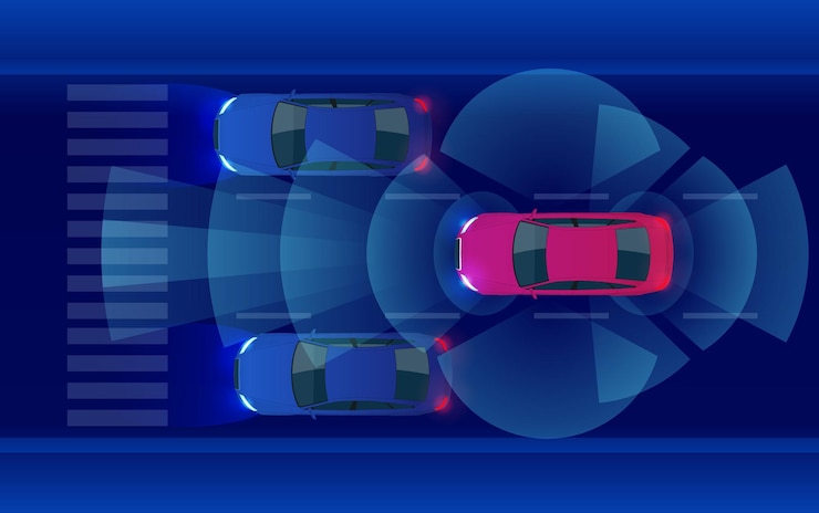 Vector hud de coche inteligente, vehículo autónomo en modo de conducción autónoma en el concepto de iot de la carretera de la ciudad metropolitana con sistema de señal de radar de sensor gráfico y conexión de sensor de internet. ilustración vectorial