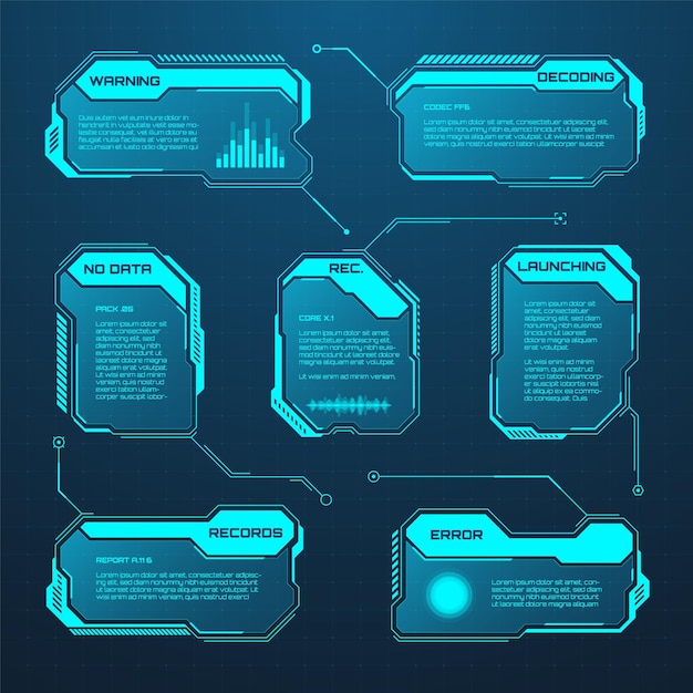 Hud futurista azul o elementos de interfaz de usuario interfaz de usuario de ciencia ficción cuadros de texto rótulos marcos de mensajes de advertencia