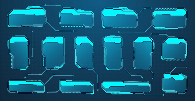 Hud futurista azul o elementos de interfaz de usuario interfaz de usuario de ciencia ficción cuadros de texto rótulos marcos de mensajes de advertencia
