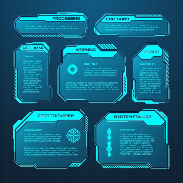 Hud futurista azul o elementos de interfaz de usuario interfaz de usuario de ciencia ficción cuadros de texto rótulos marcos de mensajes de advertencia
