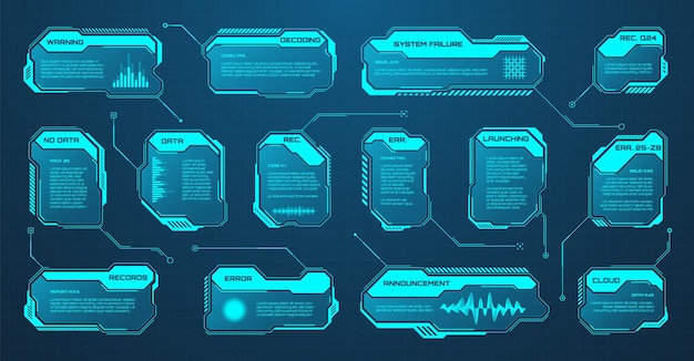 Hud futurista azul o elementos de interfaz de usuario interfaz de usuario de ciencia ficción cuadros de texto rótulos marcos de mensajes de advertencia