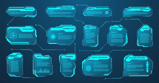 Hud futurista azul o elementos de interfaz de usuario interfaz de usuario de ciencia ficción cuadros de texto rótulos marcos de mensajes de advertencia