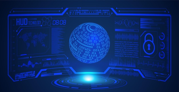 HUD mundo placa de circuito binario tecnología futura azul hud concepto de seguridad cibernética fondo