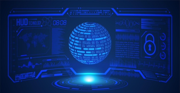 HUD mundo placa de circuito binario tecnología futura azul hud concepto de seguridad cibernética fondo