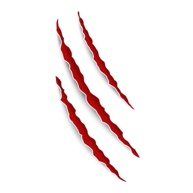 Huellas de animales de garra Tres garras rasguños Gato o tigre uñas oso o león ataque halloween monstruo laceración decoración elemento sangre roja herida aguda silueta Vector ilustración aislada