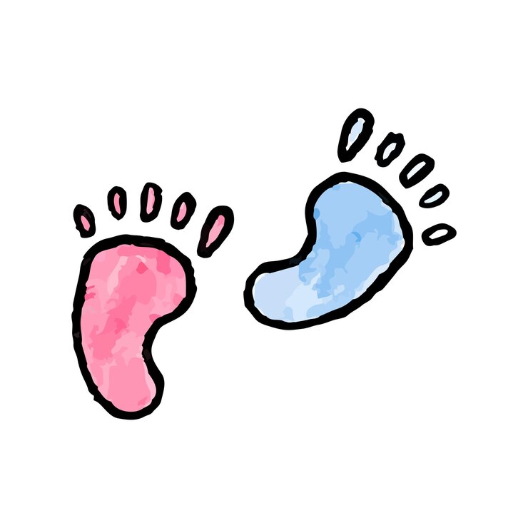 Vector huellas de bebé, arte de acuarela dibujada a mano, huellas rosas y azules de piernas de niños en estilo garabato