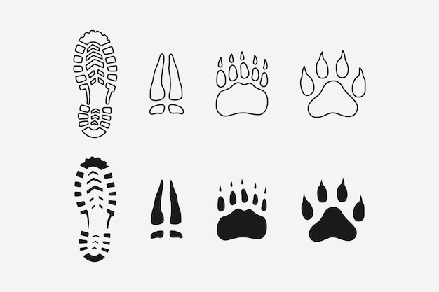 huellas de cazador y presa con el bosquejo de la pista del oso de la bota, el tigre y el ciervo y el diseño del elemento de icono llenado