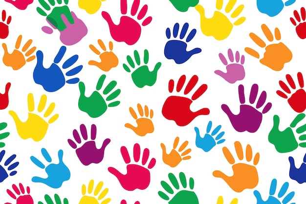 Las huellas de las manos coloridas el patrón las diversas siluetas de las manos el fondo vibrante el concepto de igualdad