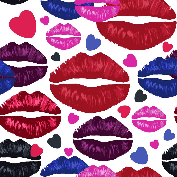 Vector huellas de varios lápices labiales y corazones. labios oscuros. patrón transparente de vector con besos.