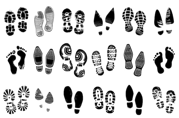Huellas de zapatos negros huellas de botas de silueta huellas de pasos humanos huellas de suelas de zapatillas huellas de huellas huellas de textura grunge huellas de piernas descalzas huellas de pares aislados conjunto vectorial reciente