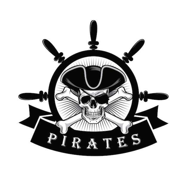 Huesos de calavera pirata con parche en el ojo y diseño de logotipo de volante de barco ilustración vectorial