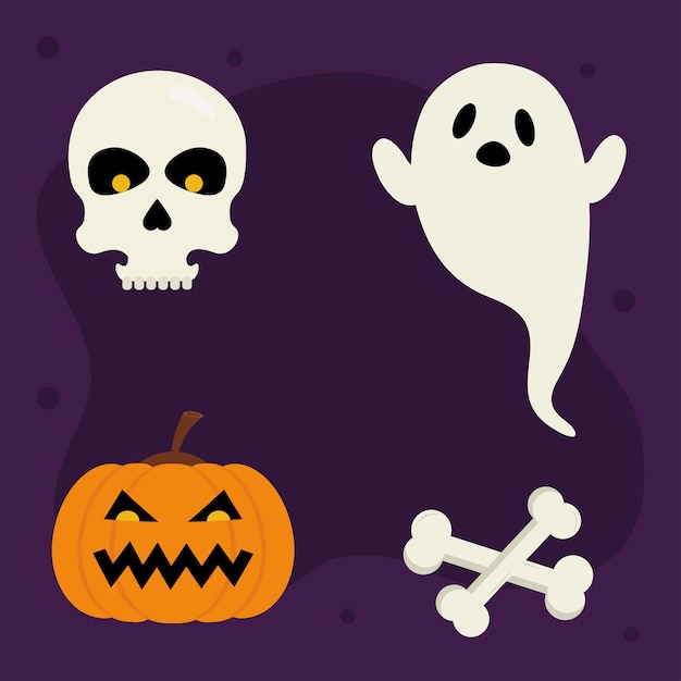 Huesos del cráneo de calabaza de Halloween y diseño de fantasmas, tema de halloween.