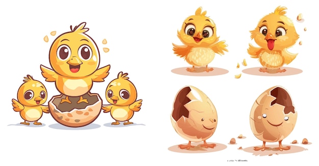 Vector huevo agrietado y pollo mascota de pascua ilustración vectorial de dibujos animados de pájaros recién nacidos