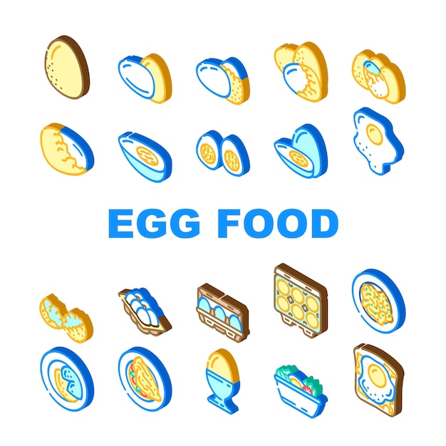 huevo comida saludable iconos frescos conjunto vector desayuno carne blanca cocina marrón pascua vegetal cocina pollo proteína huevo comida saludable fresco signo isométrico ilustraciones