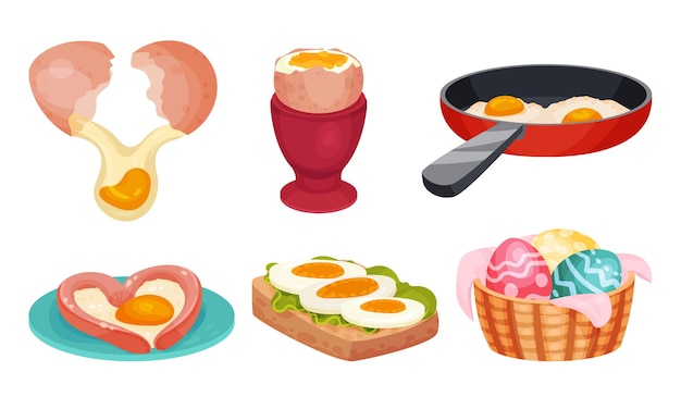 Huevo crudo y cocido con huevos de Pascua en canasta y huevo revuelto en sartén Vector Set