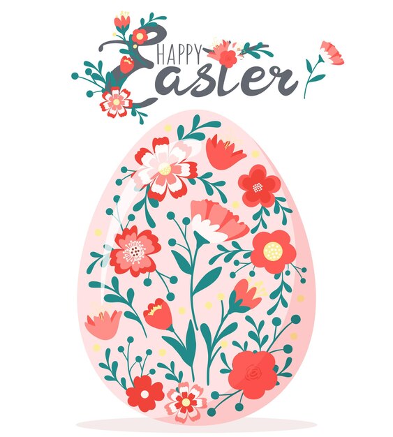 Huevo decorativo dibujado a mano con lindas flores, hojas. Rotulación de felices vacaciones de Pascua. Colección colorida floral de primavera. Ilustración de vector de doodle abstracto para tarjeta de felicitación, invitación, diseño web