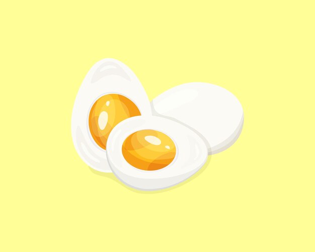 Huevo de dibujos animados aislado sobre fondo amarillo Conjunto de huevo entero hervido y huevos cortados a mitad