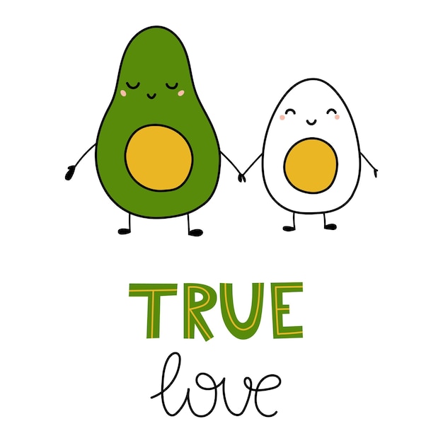 Huevo de divertidos dibujos animados y aguacate con letras Ilustración plana de vector de amor verdadero