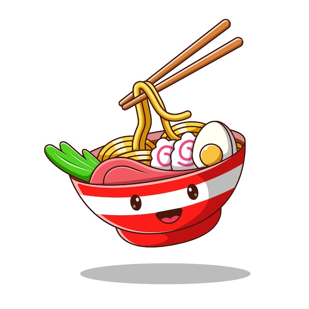 Huevo de fideos Ramen y carne con palillos de comida Ilustración de icono vectorial de dibujos animados