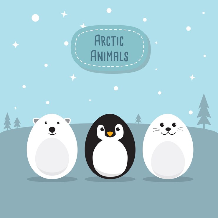 Huevo en forma de animales Conjunto de caracteres para el día de Pascua, huevos de Pascua pintura. Un lindo oso polar, Pingüino, Baby Seal Pup, pollo, conejo carácter sobre fondo azul cielo Ilustración de vector de diseño plano.