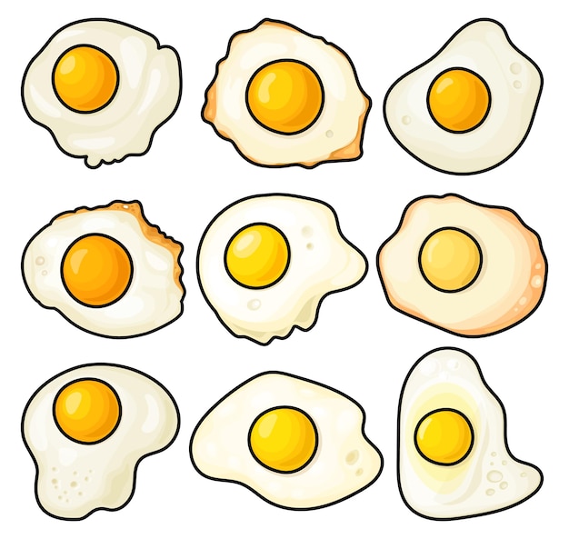 Huevo frito aislado icono de conjunto de colores icono de juego de colores vectorial proteína de amarillo ilustración vectorial frie