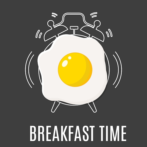 Vector huevo frito y despertador de contorno. concepto de menú de desayuno, cafetería, restaurante. fondo de alimentos. ilustración de vector de estilo plano