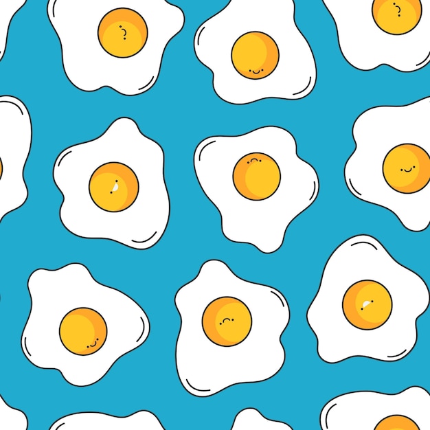 Huevo frito lindo patrón sin costuras huevo de dibujos animados sonrientes concepto de desayuno ilustración vectorial