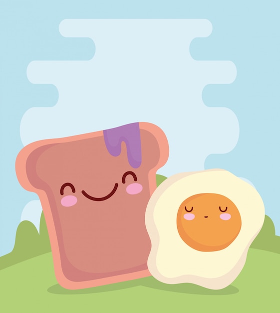 Huevo frito y pan con mermelada menú personaje dibujos animados comida lindo
