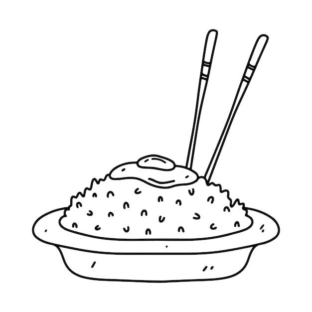 Huevo frito sobre arroz en estilo garabato dibujado a mano. comida asiática