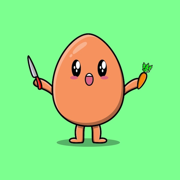 Huevo lindo marrón de dibujos animados con cuchillo y zanahoria