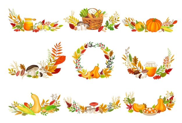 Huevo de otoño con set vectorial de composición semicircular de set de hongo y calabaza