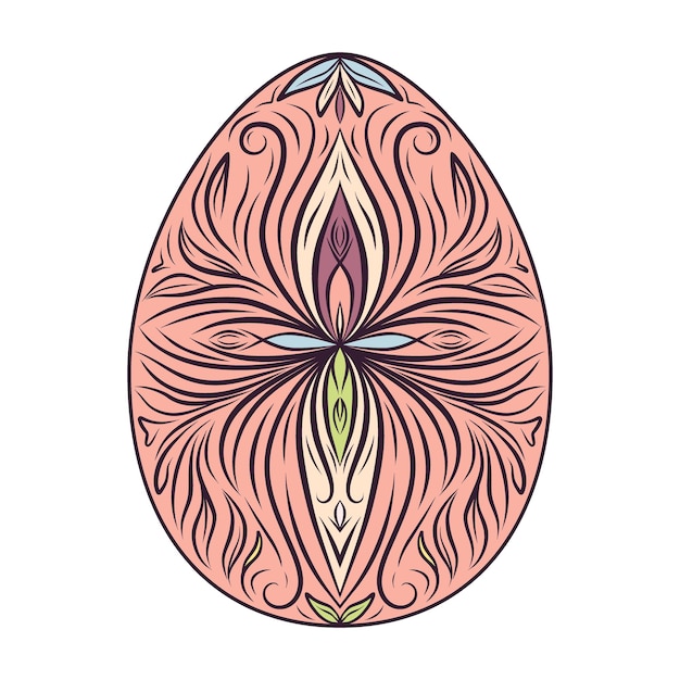 Huevo de pascua colorido dibujado a mano con patrones, rizos, flores, primavera, huevo de pascua feliz con elementos florales, ornamento decorativo, ilustración vectorial y linda aislada sobre un fondo blanco.