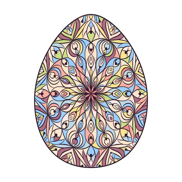 Vector huevo de pascua colorido dibujado a mano con patrones, rizos, flores, primavera, huevo de pascua feliz con elementos florales, ornamento decorativo, ilustración vectorial y linda aislada sobre un fondo blanco.