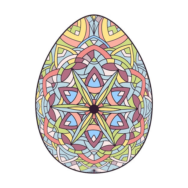 Huevo de Pascua colorido dibujado a mano con patrones, rizos, flores, primavera, huevo de pascua feliz con elementos florales, ornamento decorativo, ilustración vectorial y linda aislada sobre un fondo blanco.