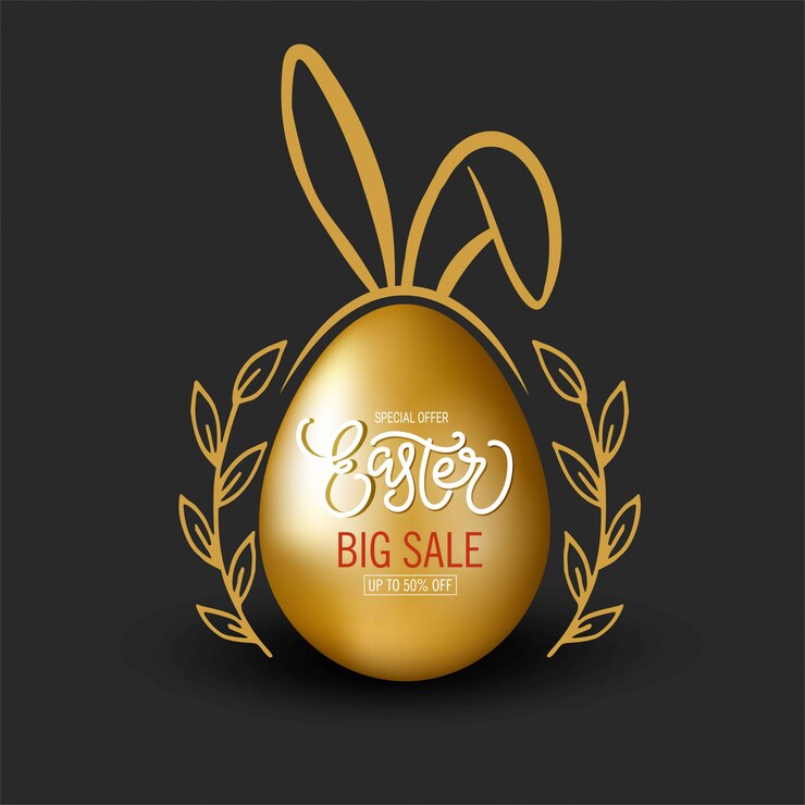 Huevo de Pascua dorado con orejas de conejo, letras y doodle floral en negro