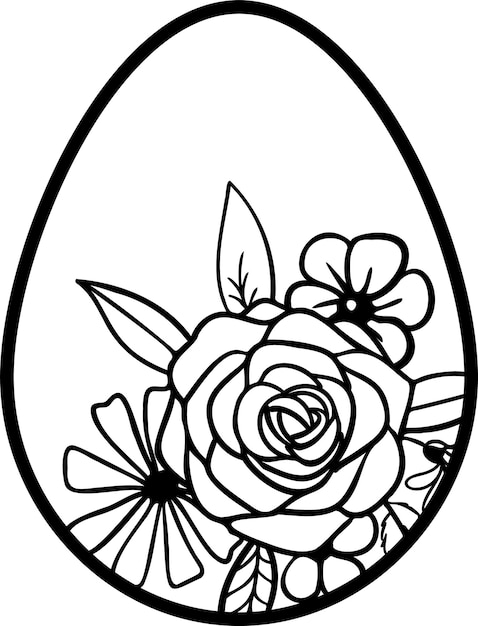 Vector huevo de pascua lineal con flores de rosa y hojas. este arte es perfecto para tarjetas de invitación de primavera.