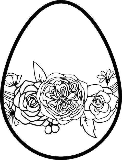 Vector huevo de pascua lineal con flores de rosa y hojas. este arte es perfecto para tarjetas de invitación de primavera.