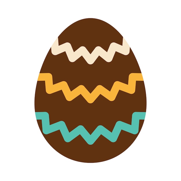 Vector huevo de pascua marrón con adorno de ondas zigzags verdes y amarillos caza de huevos tradición de pascua huevo de chocolate en diseño plano