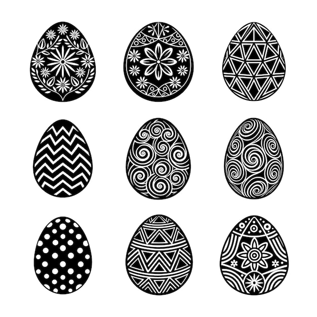 Huevo de Pascua con patrones florales monocromáticos Conjunto vectorial de arte de línea