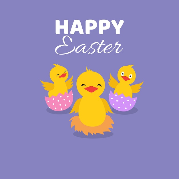 Huevo de Pascua y pollitos. Pollitos lindo bebé con cáscara. Tarjeta de felicitación de pascua feliz. Ilustración de huevos de gallina, pascua de primavera animal