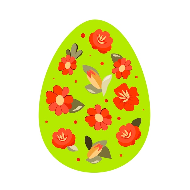 Huevo de Pascua verde con un patrón de flores rojas y naranjas Clipart vectorial para el diseño