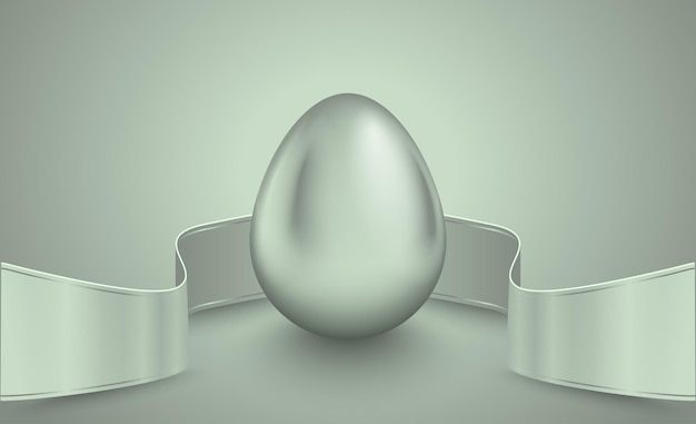 Huevo plateado brillante con cinta blanca para enrollar. Idea de fondo de cinta retro luz gris.